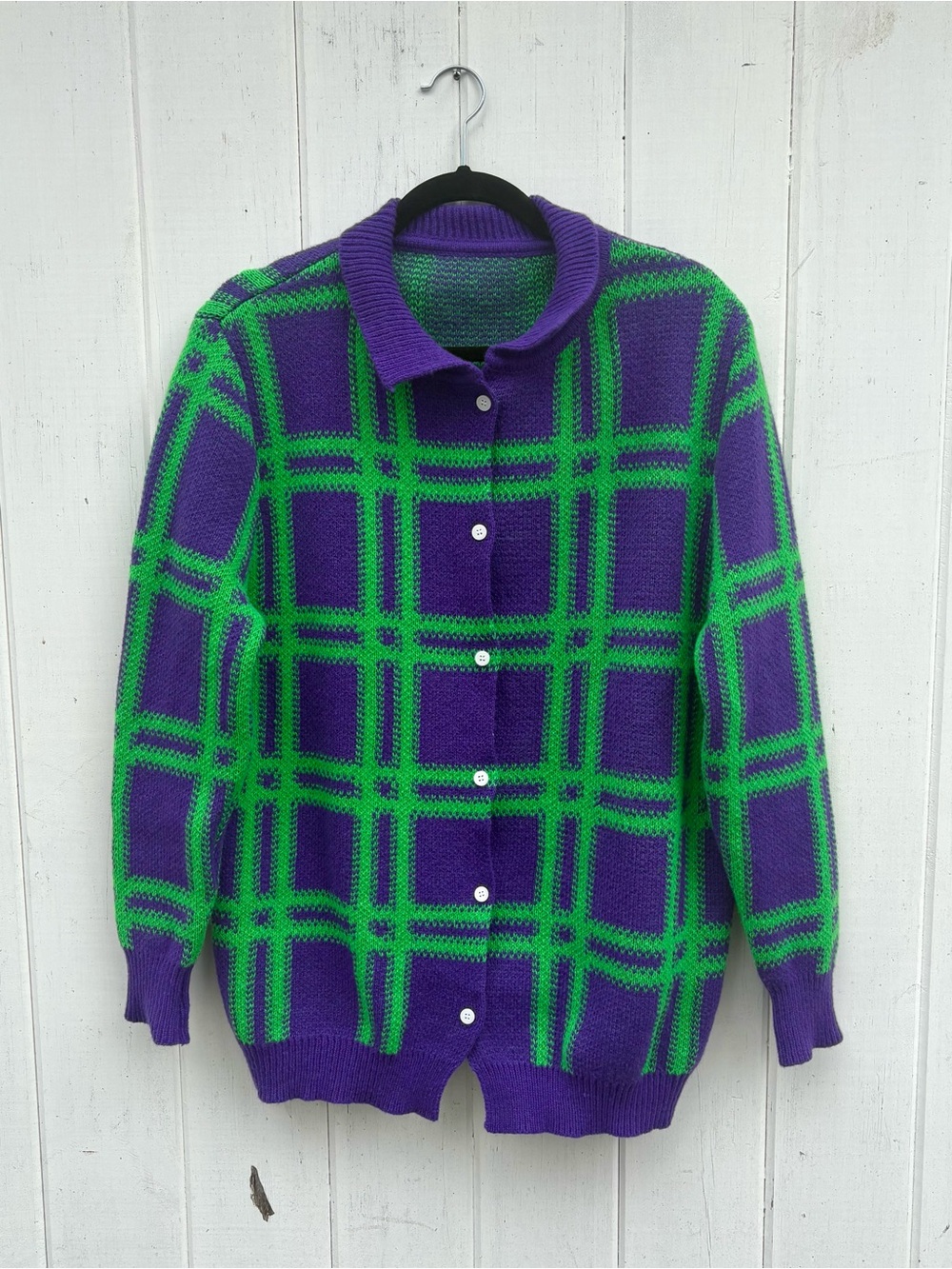 Purple & Green Plaid Button-Up Women's Sweater Cardigan
